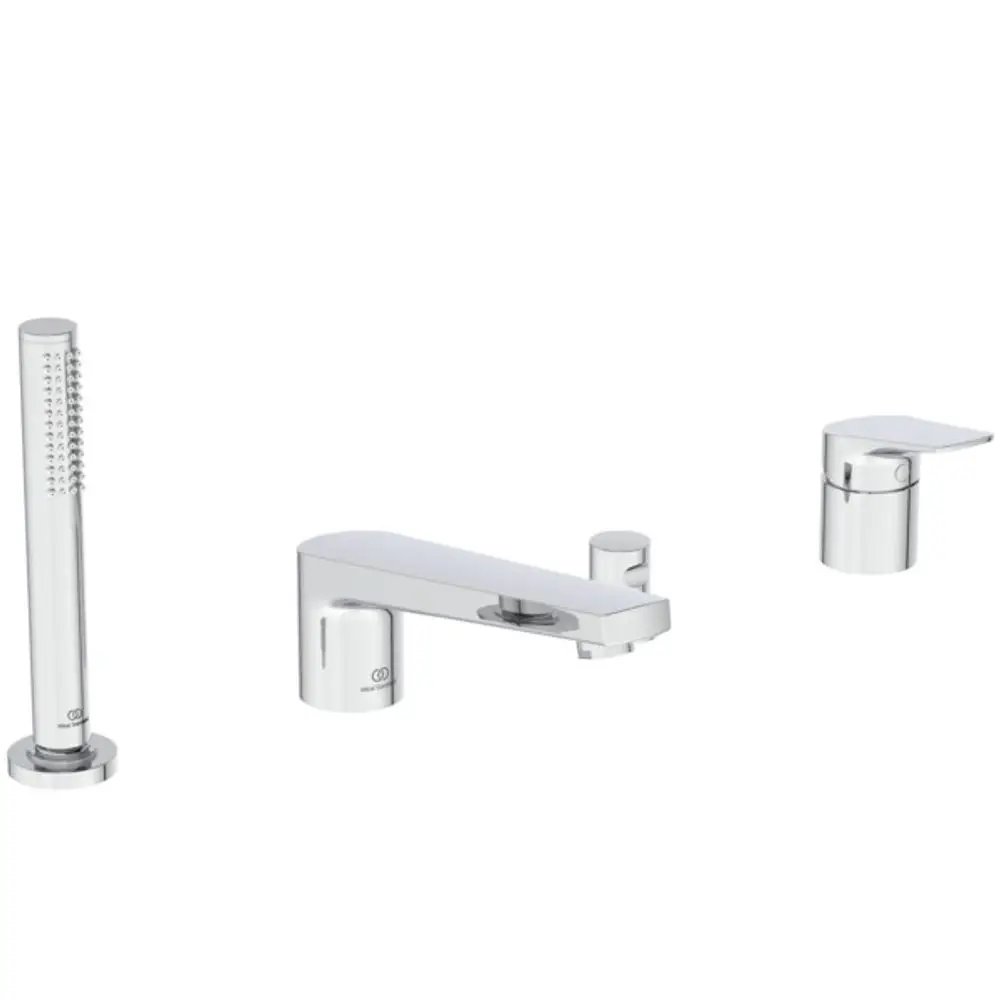 Ein chromfarbener Badewannenarmatur-Satz von Ideal Standard mit einem Wasserhahn, einer Handbrause und Auslauf, geeignet für die Montage am Wannenrand.
